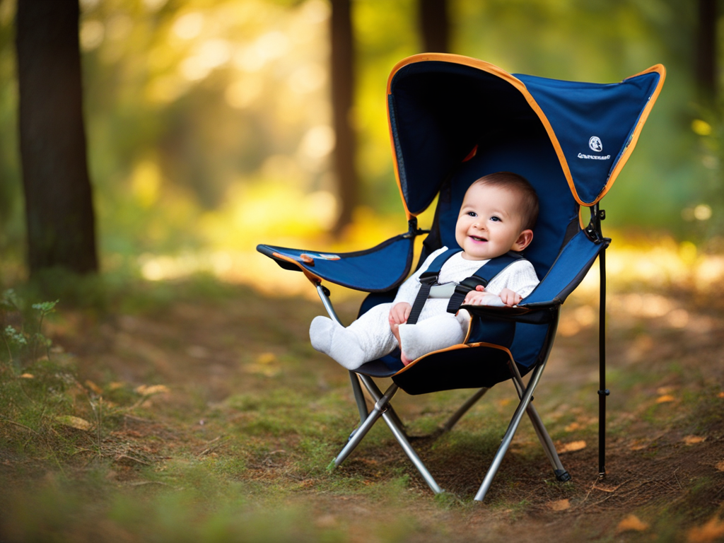 a happy toddler in his baby camping chair